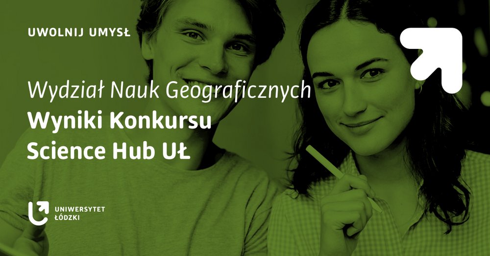 grafika dwie uśmiechnięte osoby na zielonym tle, napis dotyczący finalistów z Wydziału Nauk Geograficznych